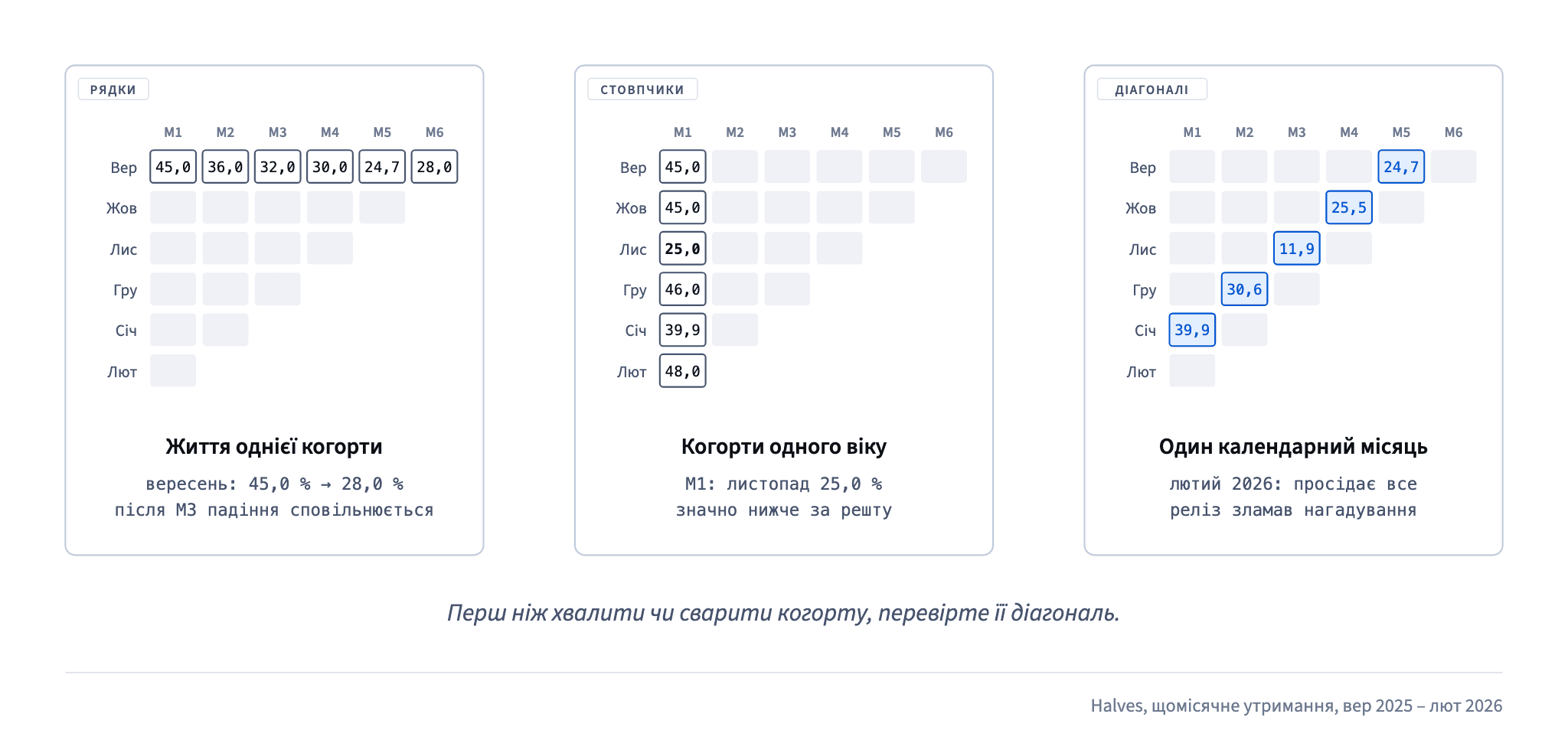 Когортну таблицю читають уздовж рядка (життя однієї когорти), вниз по стовпчику (когорти одного віку) і по діагоналі (один календарний місяць, як-от лютневий провал 2026 року)