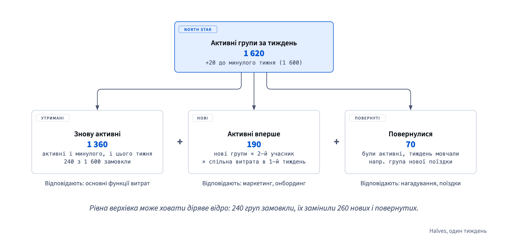 1 620 активних груп Halves за тиждень складаються з 1 360 утриманих, 190 нових і 70 повернутих, і за кожну гілку відповідає своя команда; за рівною сумою ховаються 240 груп, що замовкли