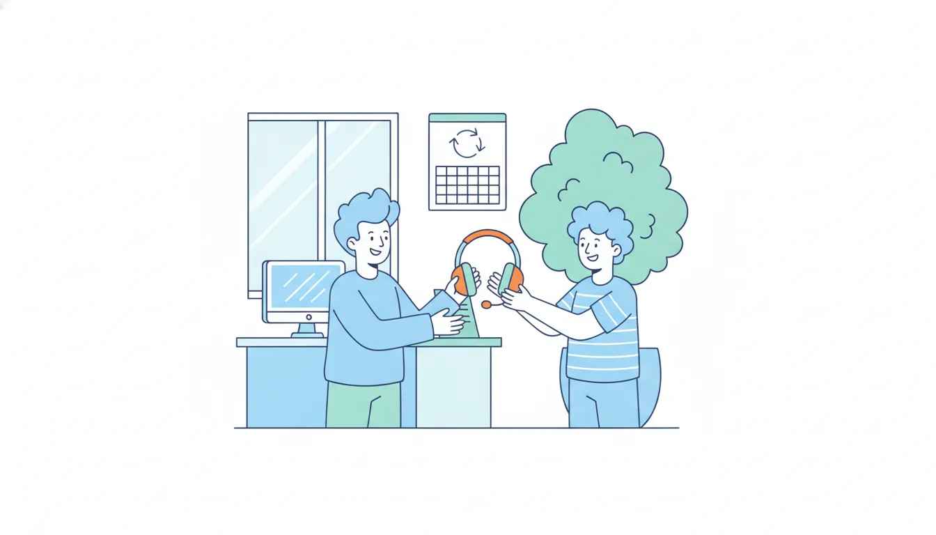 In a small office, a founder hands an orange headset to a new team member, beside a leafy tree and a wall calendar with a circular arrow.