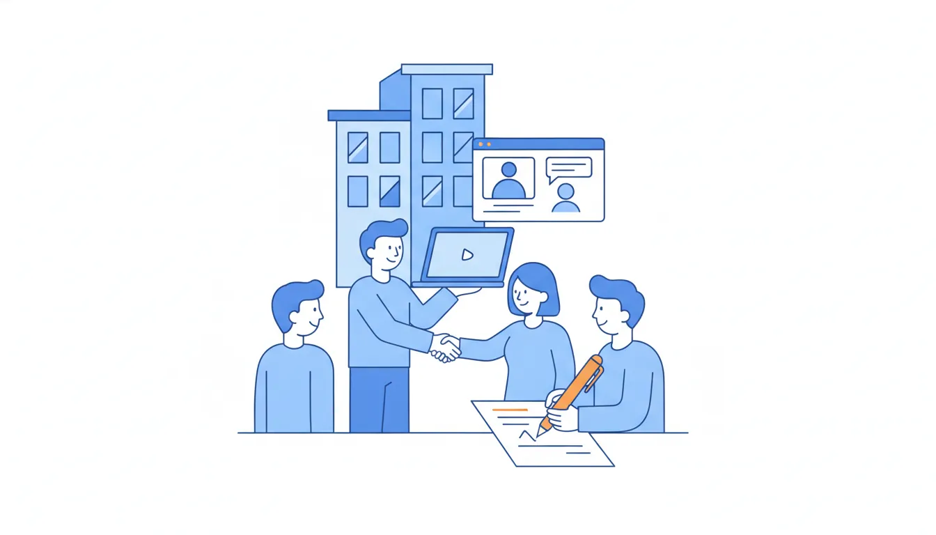 In front of an office building, a seller with a laptop shakes hands with a client team while one employee signs a document with an orange pen.