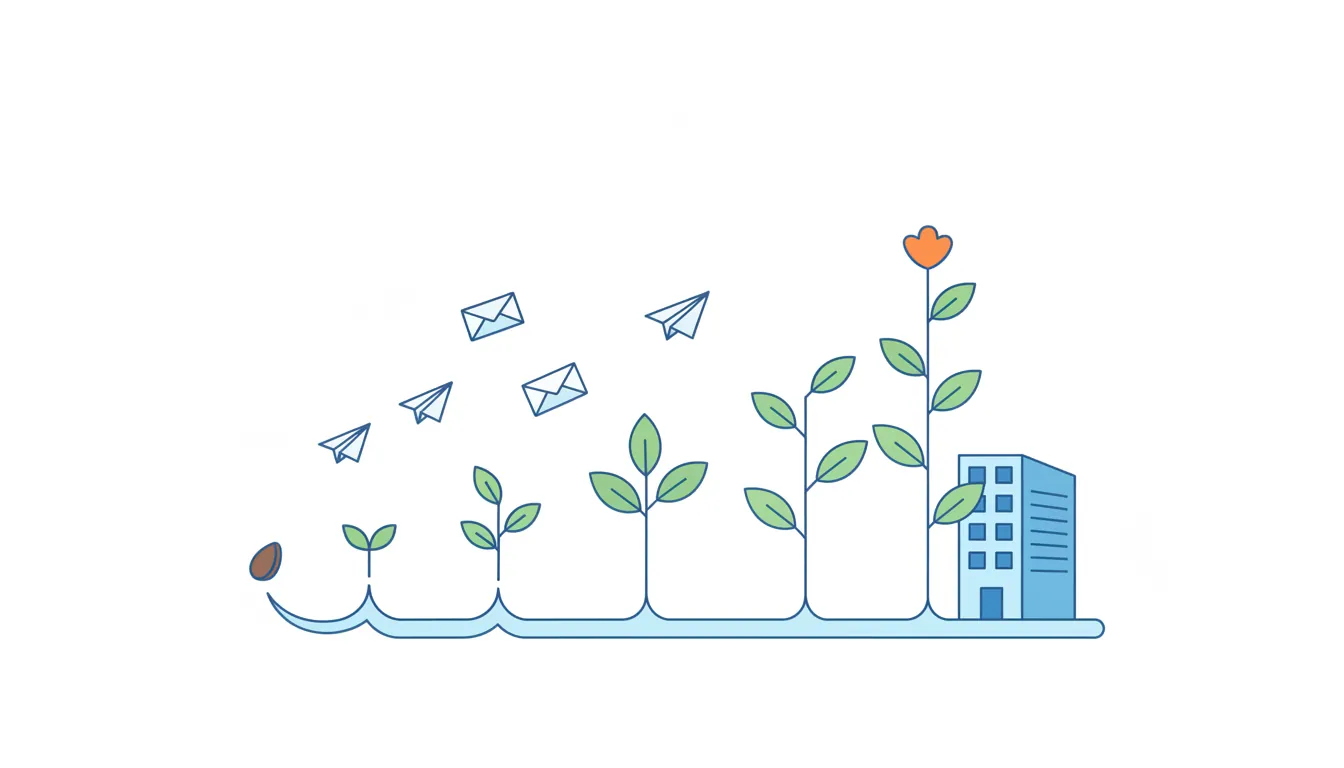 A seed grows step by step into a tall plant with an orange flower beside an office building, as letters and paper planes fly toward it.