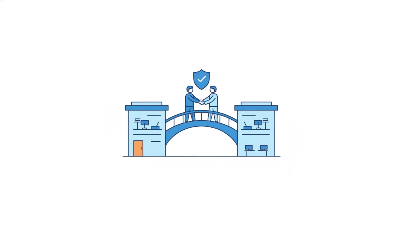 Two people shake hands on a bridge between two office buildings, under a shield with a check mark.