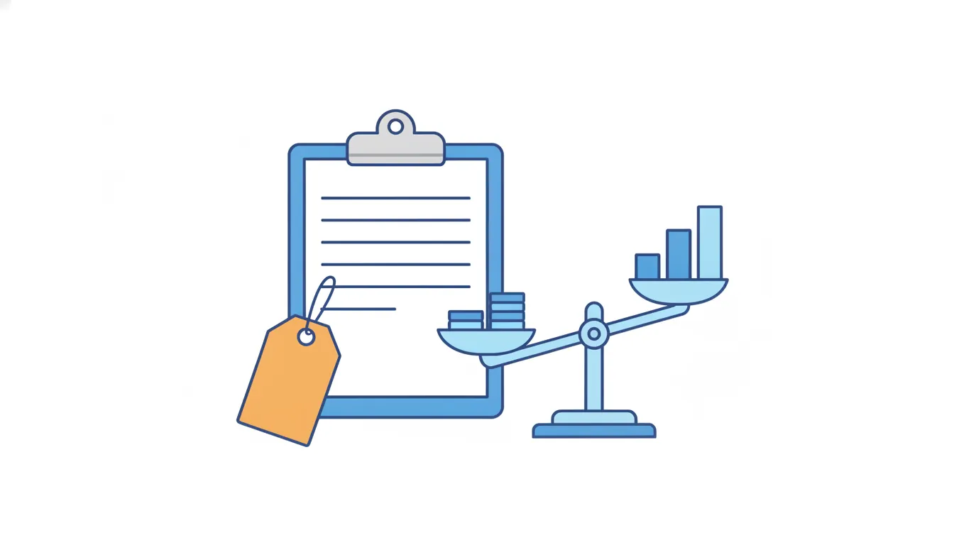 A proposal on a clipboard with an orange price tag stands next to a scale that weighs stacks of coins against a rising bar chart.