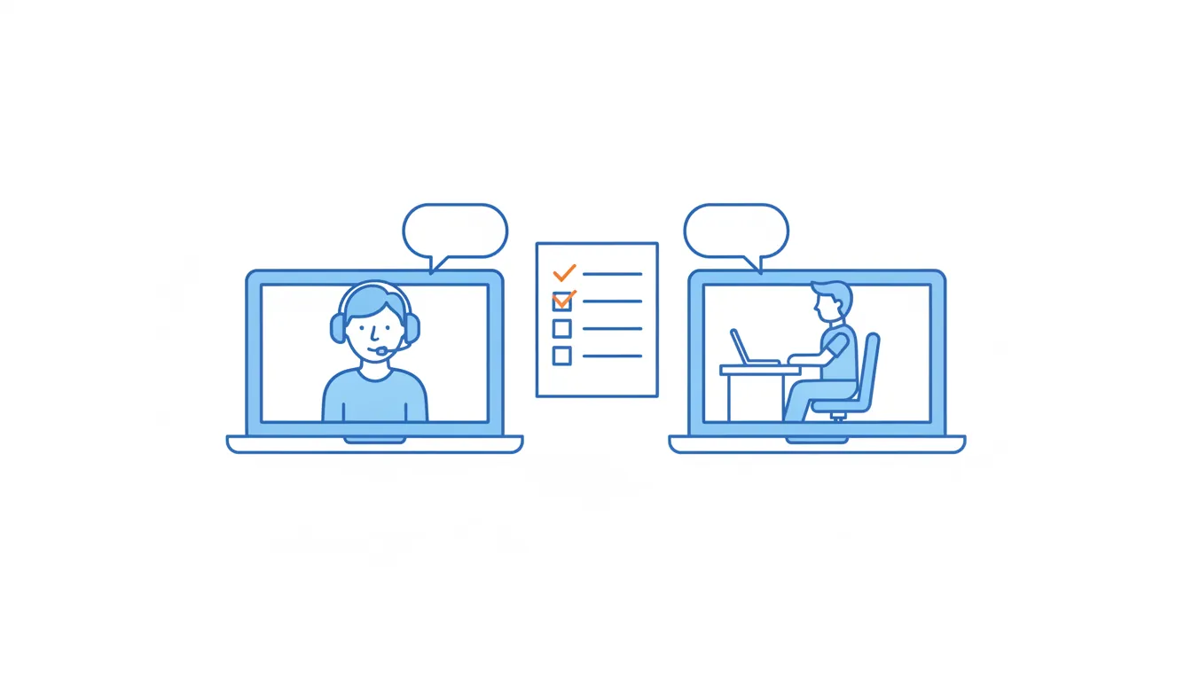 Two laptops show a video call between a seller in a headset and a buyer at a desk, with a checklist between them and the first items ticked in orange.