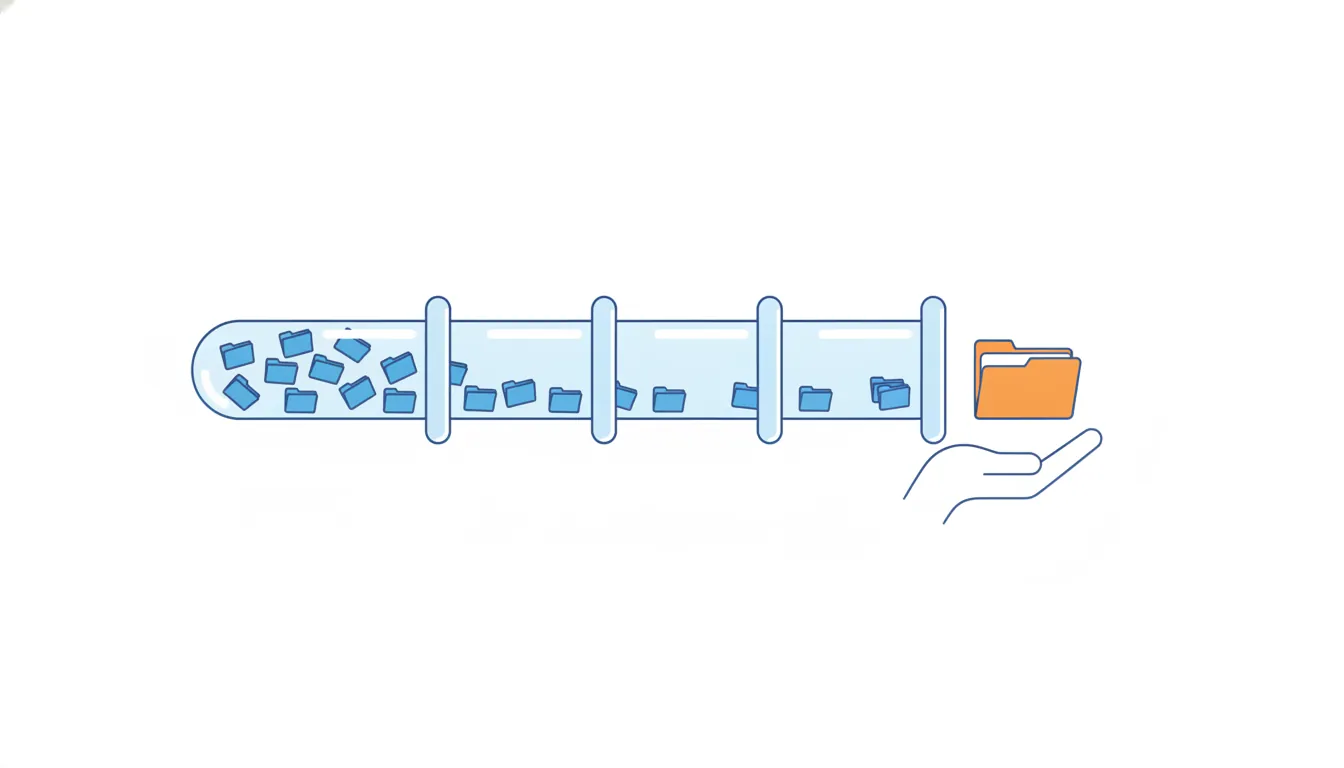 Blue folders move through a glass pipe split into sections, fewer in each section, and one orange folder comes out into an open hand.