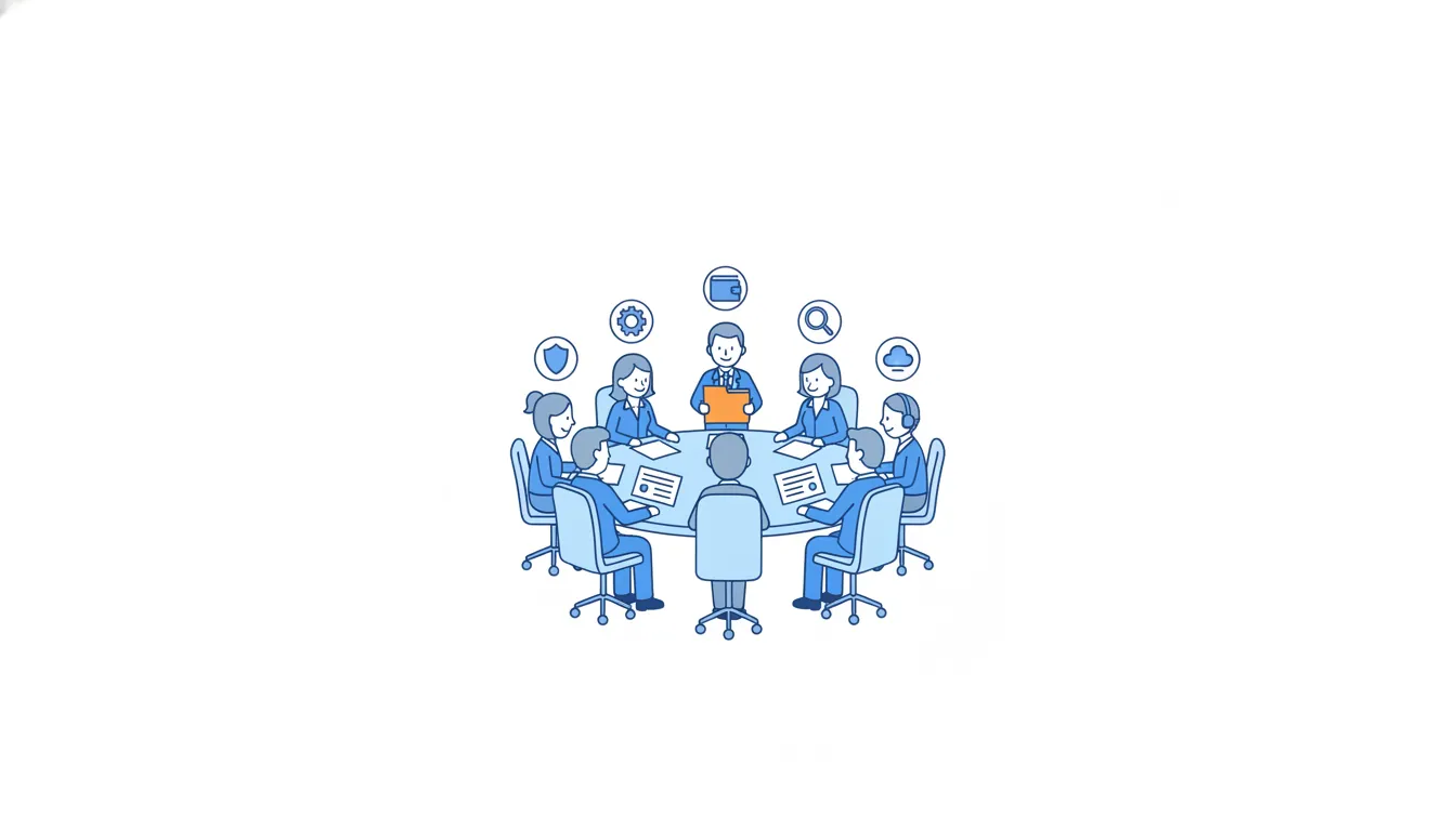 Office colleagues sit around a round meeting table under icons of a shield, a gear, a wallet, a magnifying glass and a cloud, and the person in the middle holds an orange folder.