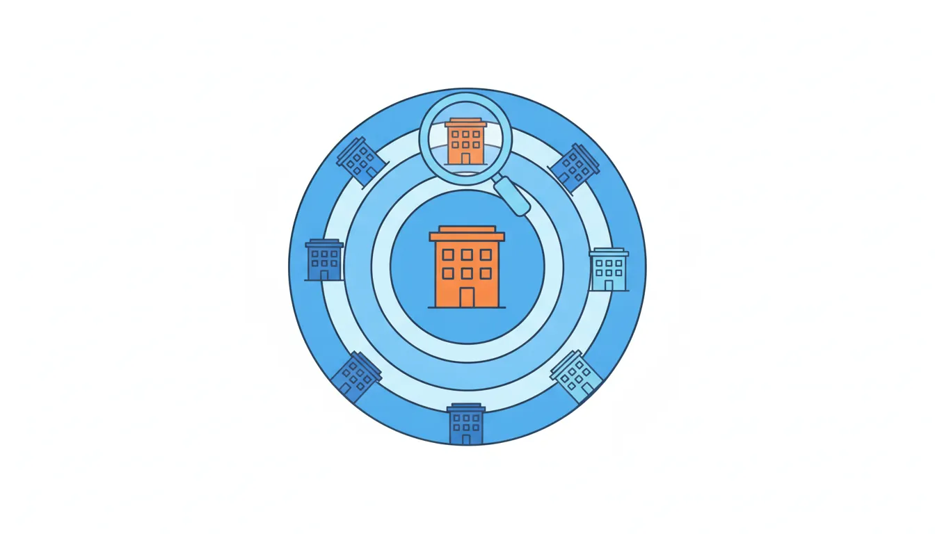 Small office buildings sit around the rings of a big target, an orange building stands in the bullseye and a magnifying glass picks out another one.