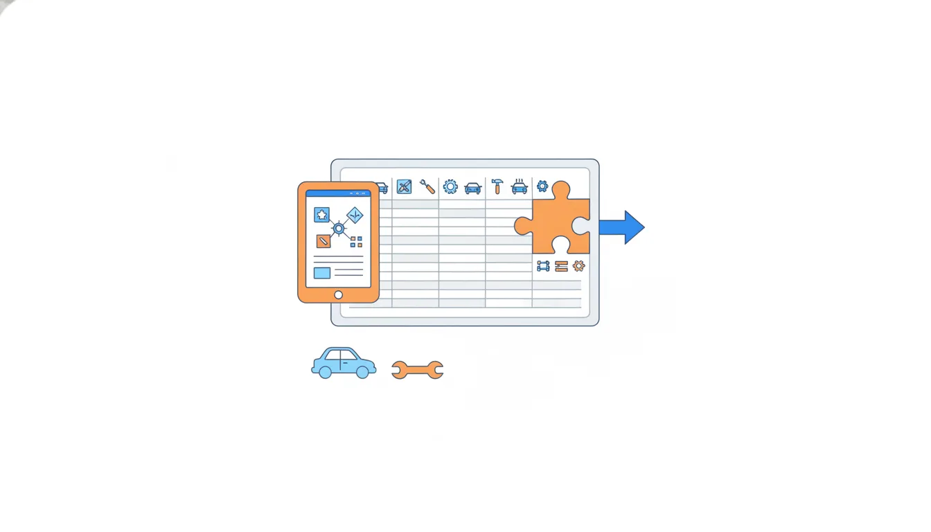 An orange puzzle piece shaped like an app screen slides into a gap in a mechanic's daily schedule board full of tool and car icons.