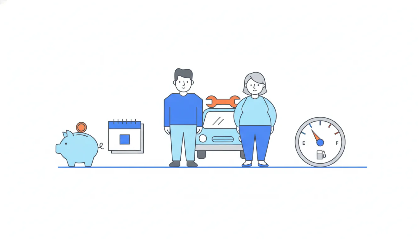 Two founders at a starting line next to a piggy bank, a wall calendar and a fuel gauge, with a light-blue car and an orange wrench behind them.