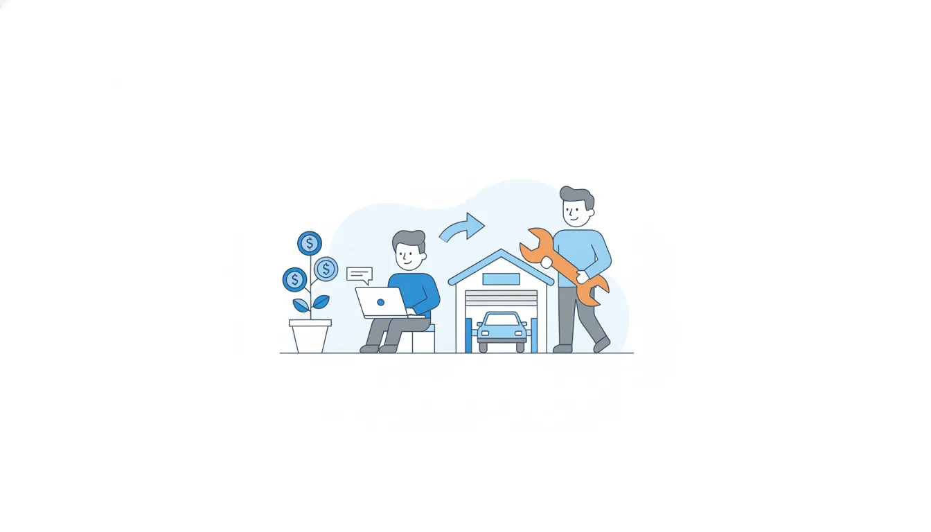 Two founders, one at a laptop and one with an orange wrench, beside a small garage with a light-blue car on a lift and a pot of growing coins.