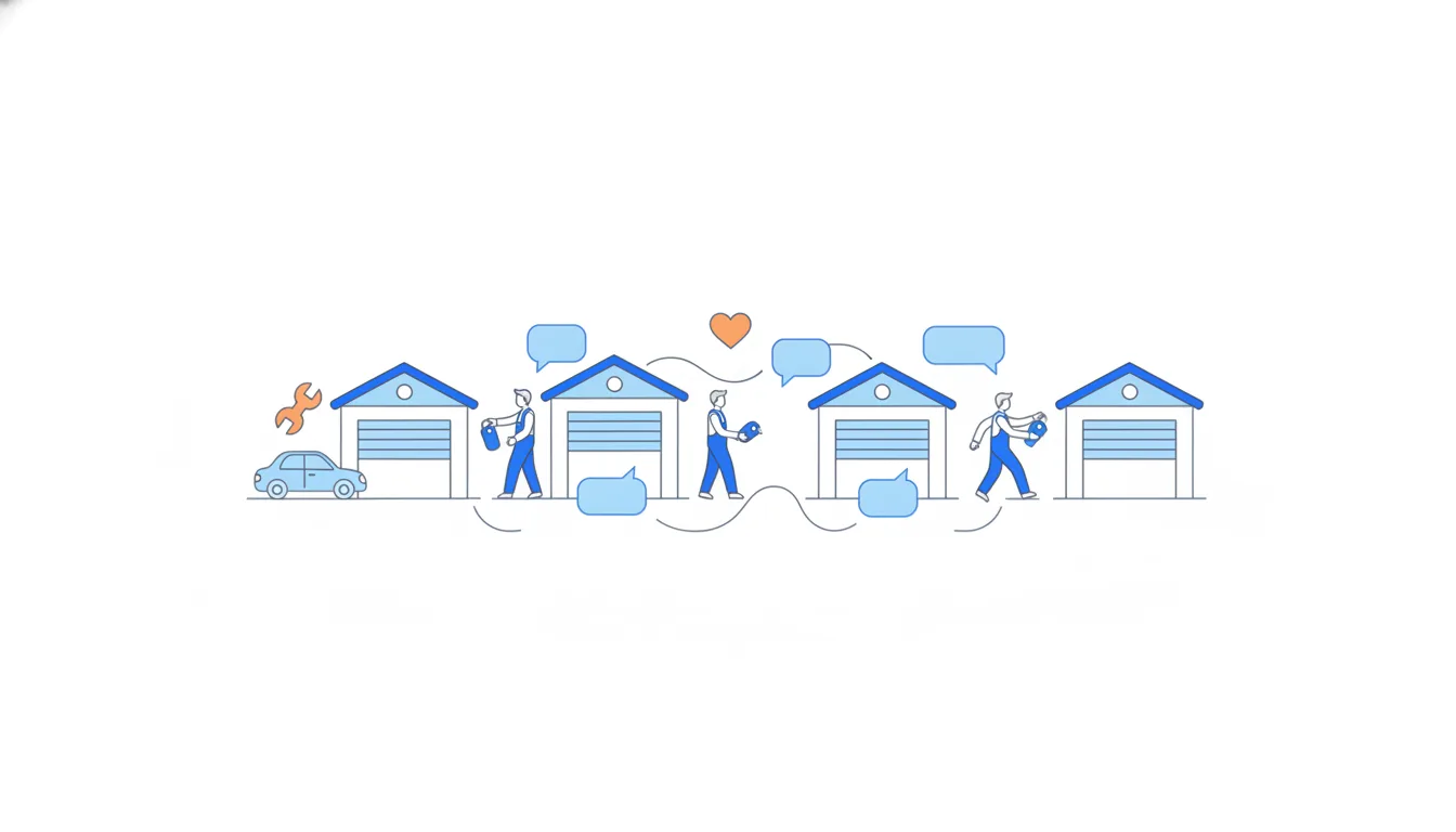 A row of small repair garages linked by a chain of empty speech bubbles; one mechanic hands a car key to the next under an orange heart.