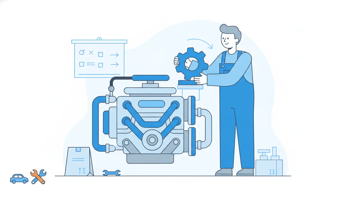 A mechanic tries to fit a neat new part into an engine bay; it slides in only once he turns it to fit the real gap between the hoses.