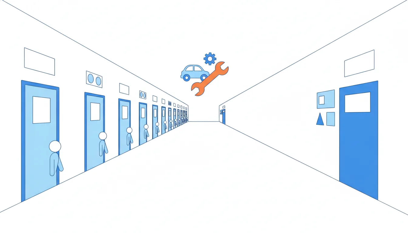 Two corridors: one lined with many small side doors a customer could step out of, the other smooth with a single door at the far end.