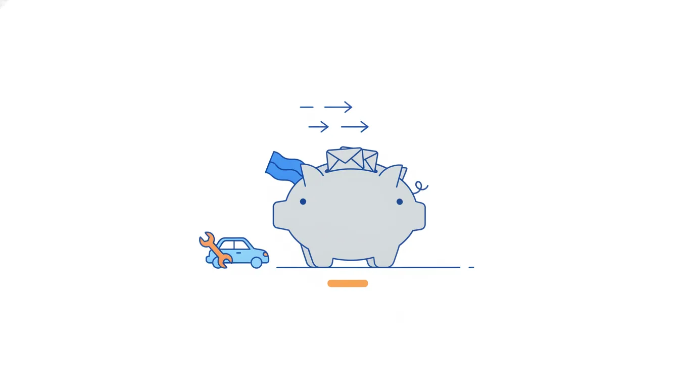 A full piggy bank on a shelf holds a row of small sealed envelopes inside, with only the first one opened.