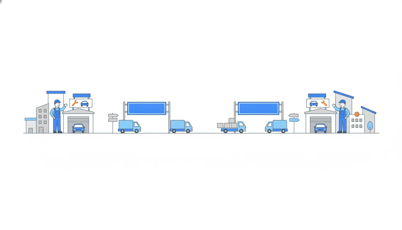 Two towns joined by a highway with parts-delivery vans travelling both ways; two mechanics wave to each other from their garages at each end.