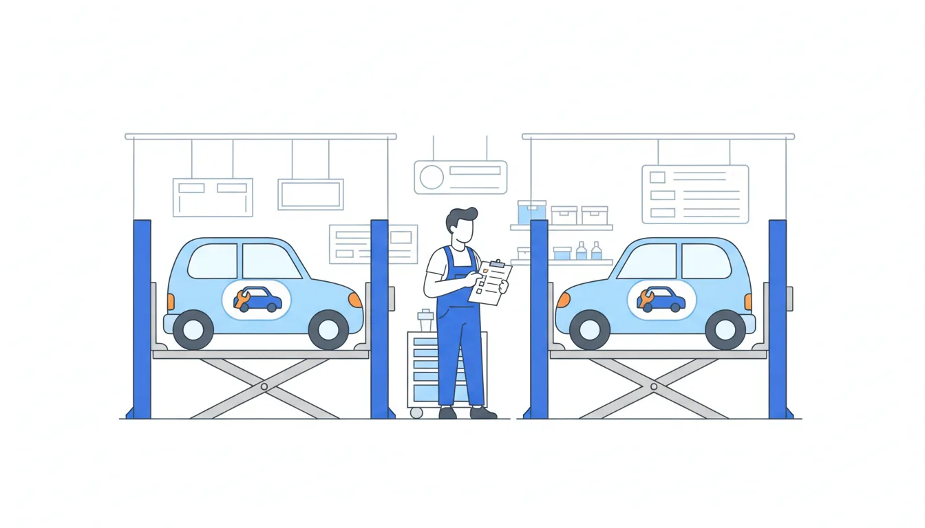 Two cars stand on side-by-side lifts in a garage; a mechanic checks both with the same checklist on one clipboard.