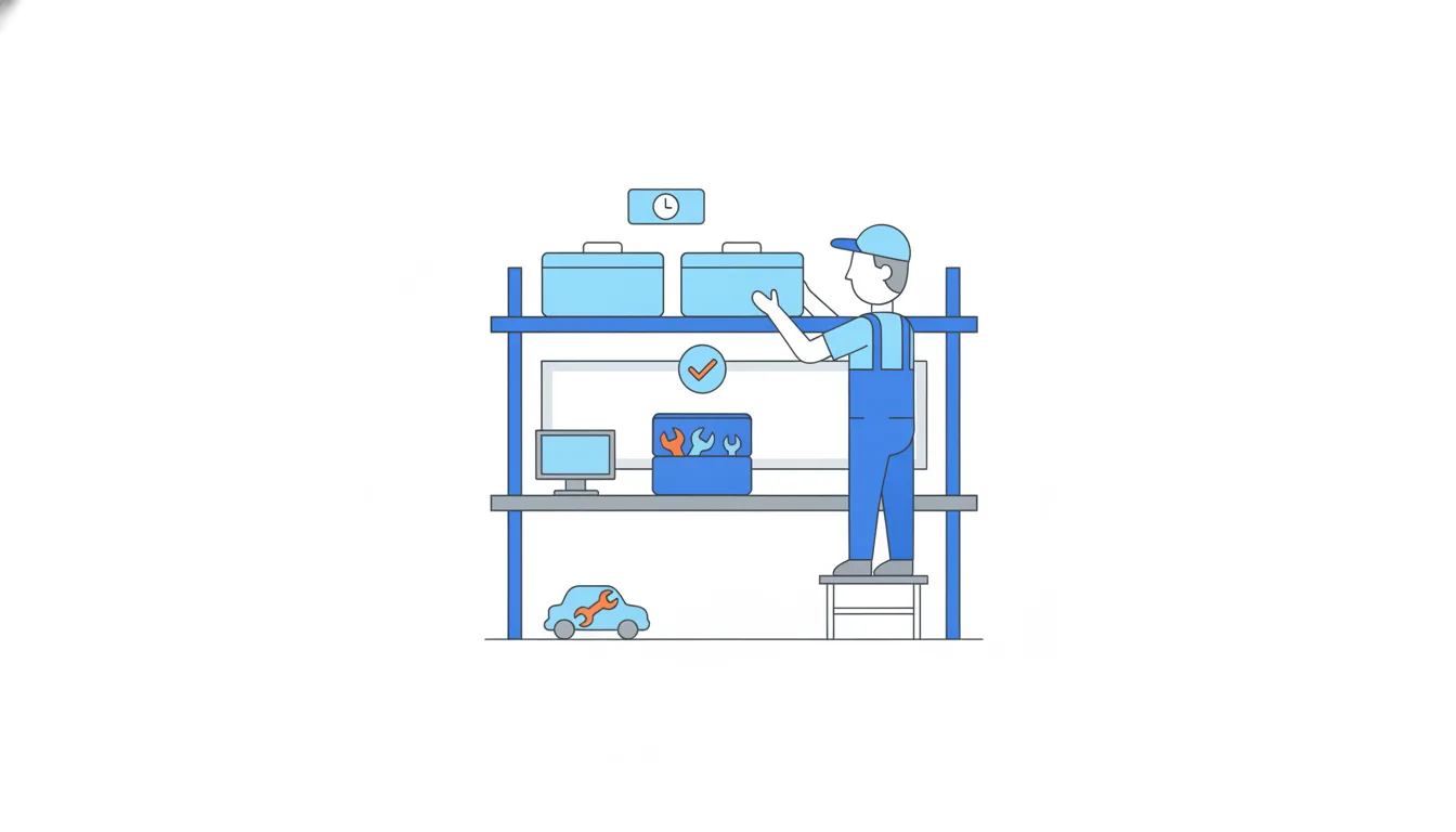 A mechanic places two tool cases on a high shelf and keeps a single toolbox open on the workbench in front of him.