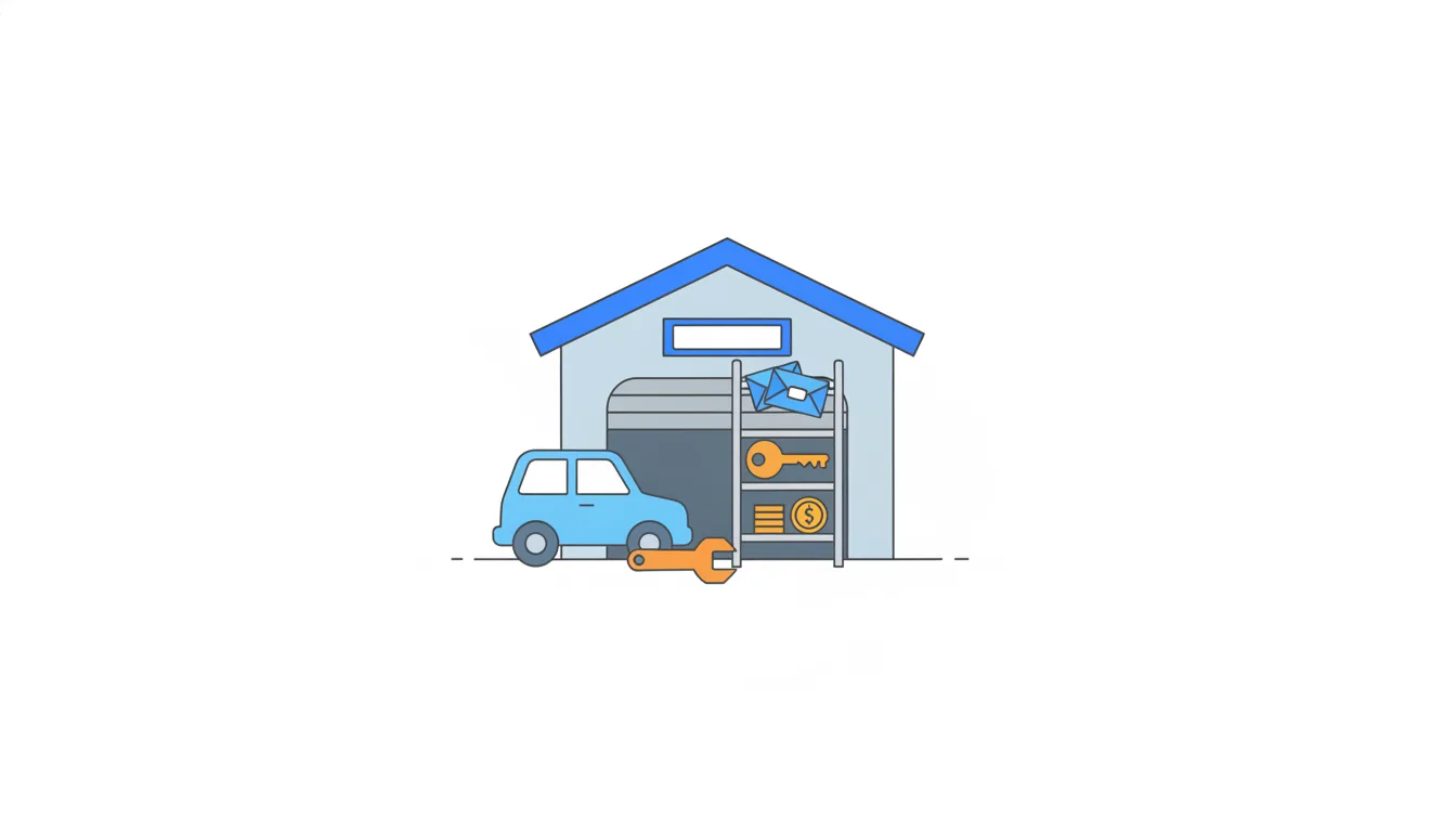 A ladder leans against a small car repair garage; on its rungs, bottom to top, sit one coin, a small stack of coins, a house key and two pay envelopes.
