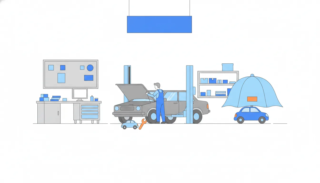 In a garage, a mechanic works on a real car in the bay while a shiny toy car sits under a dust cover in a far corner.