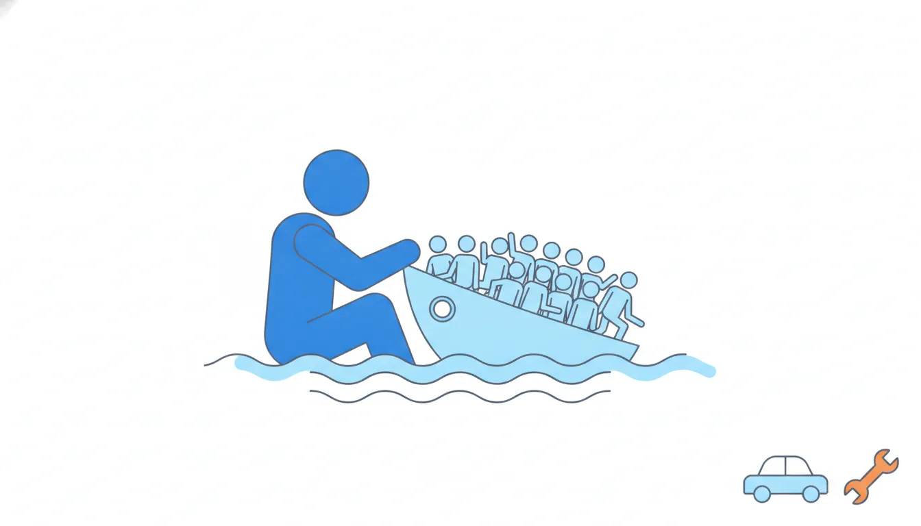 A small boat lists heavily under a single giant passenger on one side while many small passengers on the other side try to balance it.