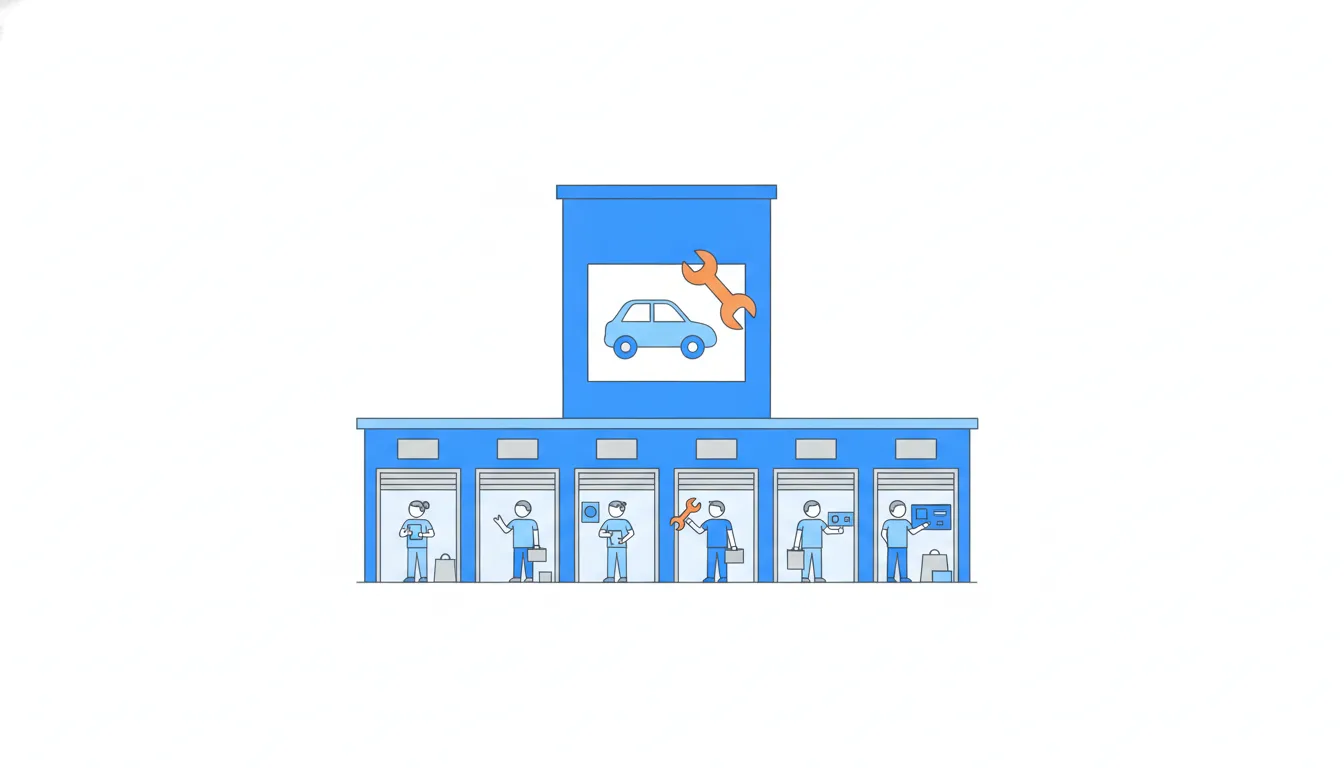 A tall uniform building opens into a row of many small garages, each with its own owner standing in the doorway.