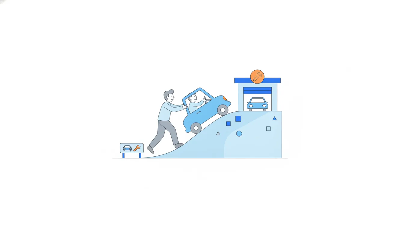 Two founders push their own small car up a gentle hill toward a little repair garage, one keeping a hand on the steering wheel.