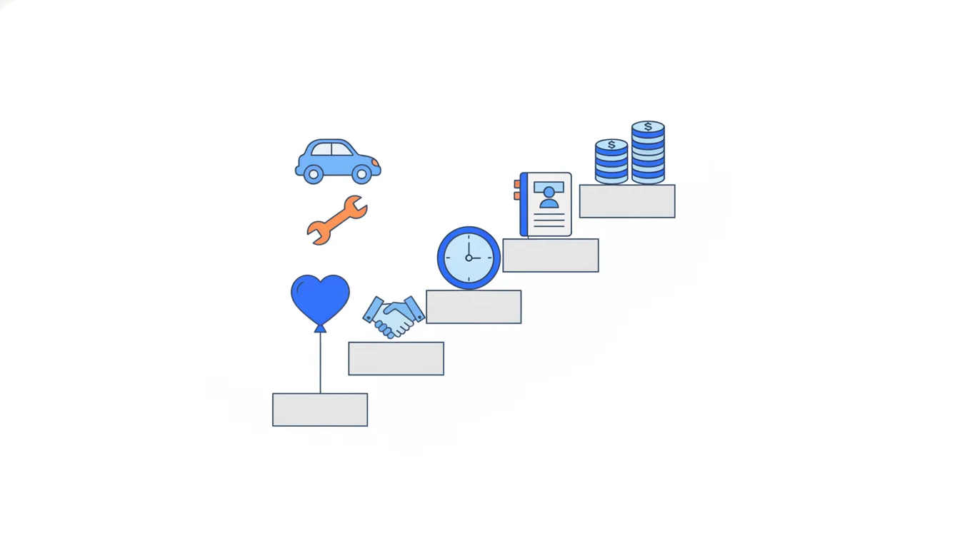 A staircase of rising steps holding, bottom to top, a heart-shaped balloon, a handshake, a clock, a notebook of contacts and a pile of coins.