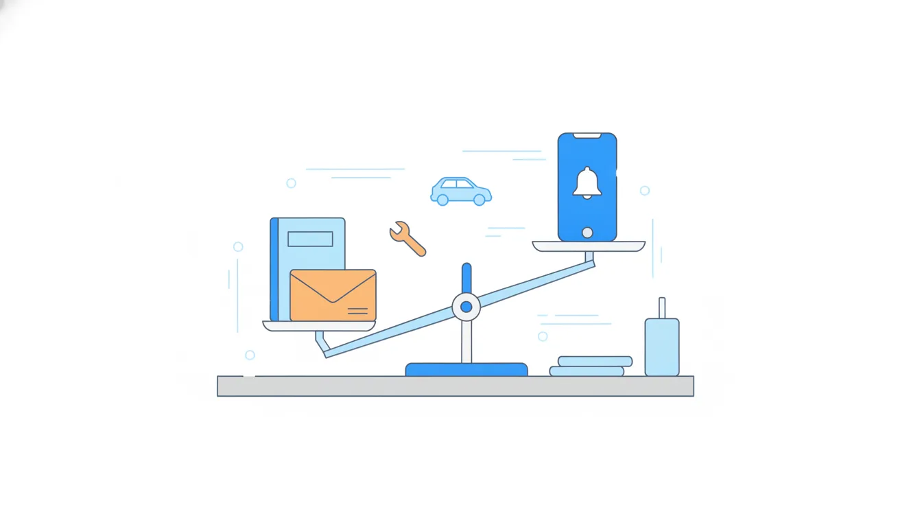 A balance scale on a garage counter: a worn notebook and a pay envelope on one pan, a phone with a bell icon on the other, which rides higher.
