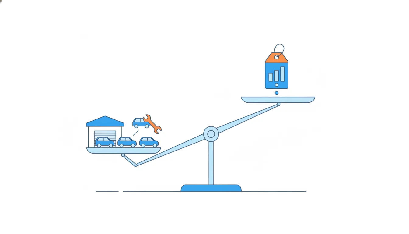 A balance scale tips heavily toward a little line of cars returning to a garage; a single small price tag sits on the raised side.