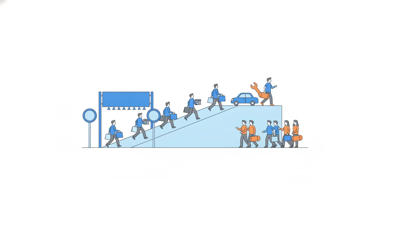 Long-time customers walk up a gentle, long ramp toward a higher platform while new customers step straight onto it from the side.