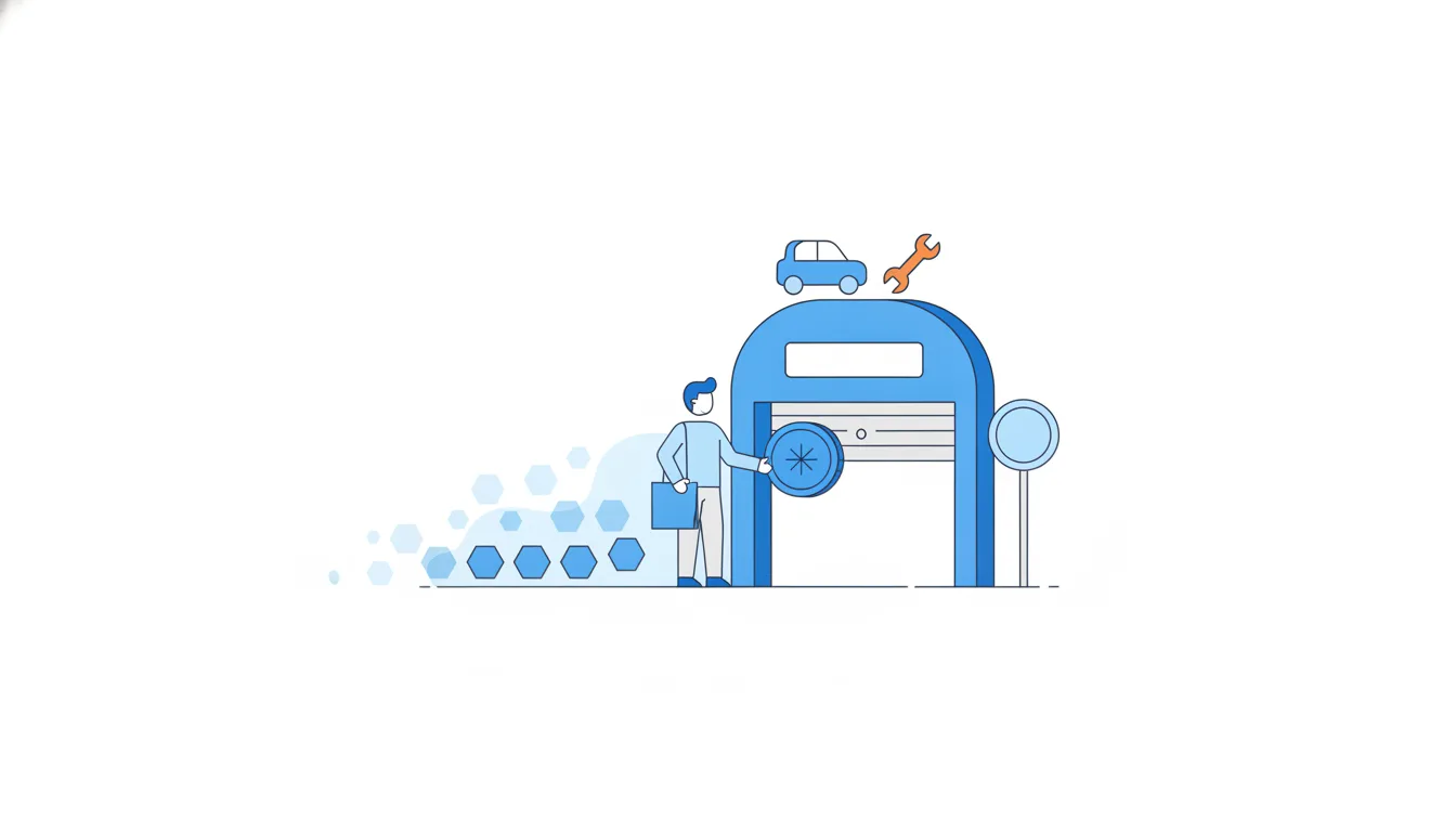 A customer hands over one big coin at a garage door while behind him a long line of smaller coins fades into mist.