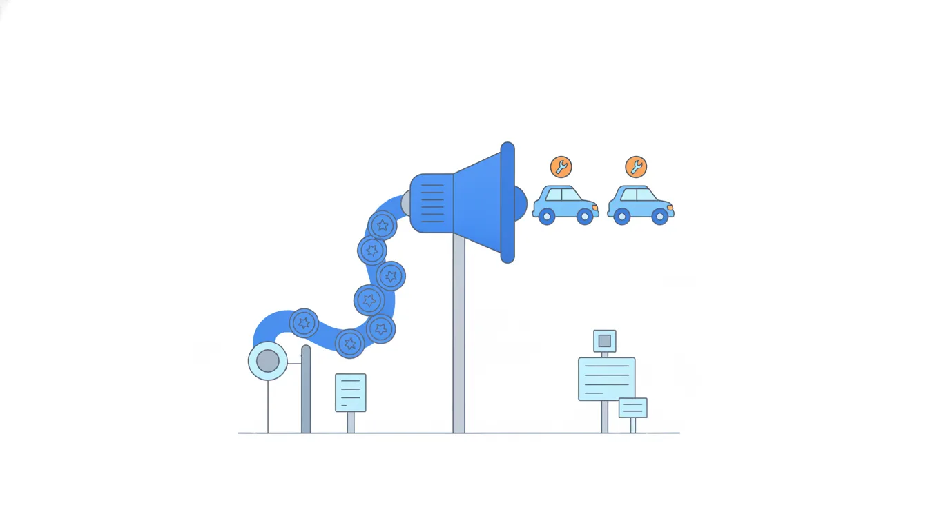 A stream of coins pours into a big loudspeaker on a roadside pole, and only two small cars roll out the other side.