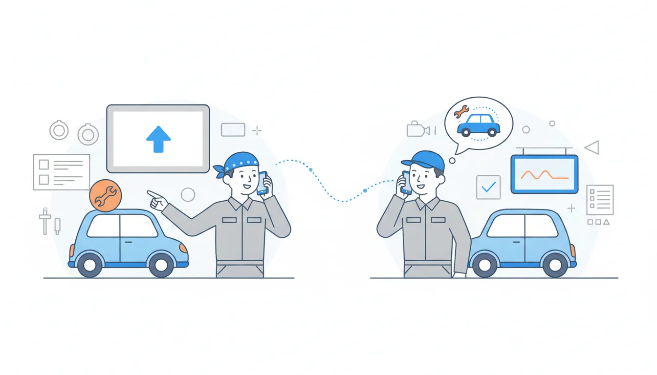 Two mechanics in garages in two different towns talk warmly on the phone, one pointing at a screen in his workshop.