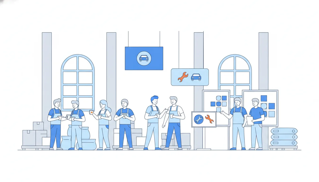 At a warehouse meetup, shop owners in overalls chat in small groups with coffee cups while the two hosts stand quietly at the edge.