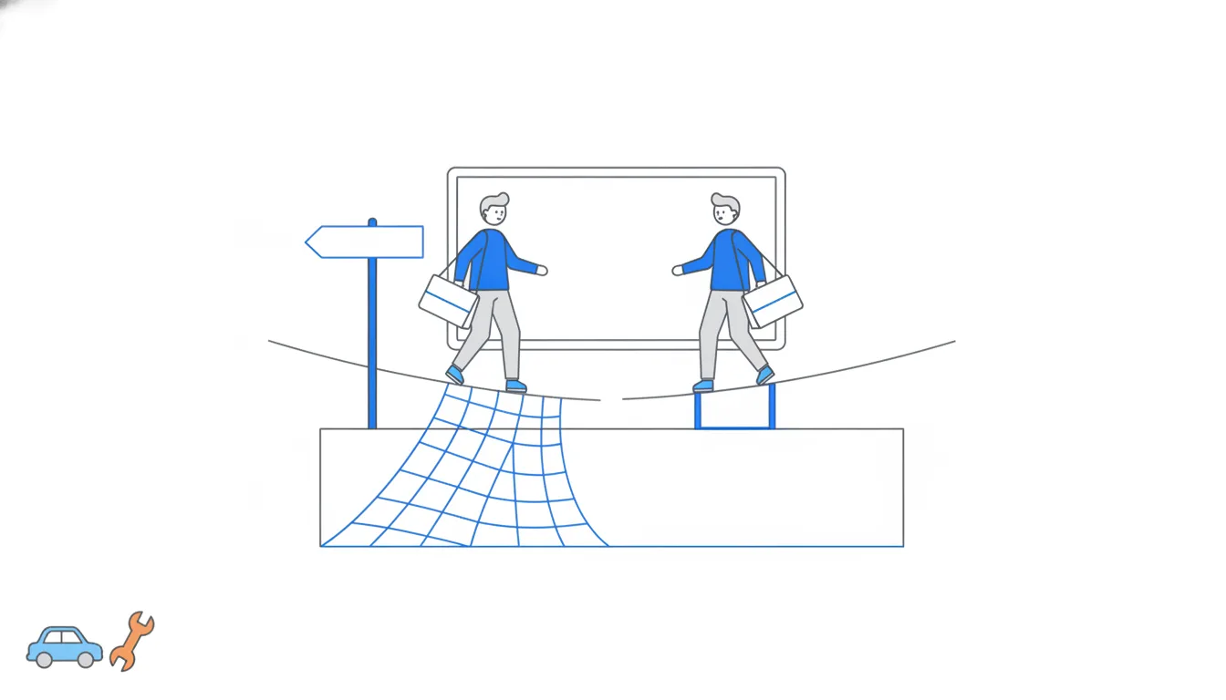 Two co-founders walk side by side on tightropes over the same gap; below one is a wide safety net, below the other only a narrow strip.