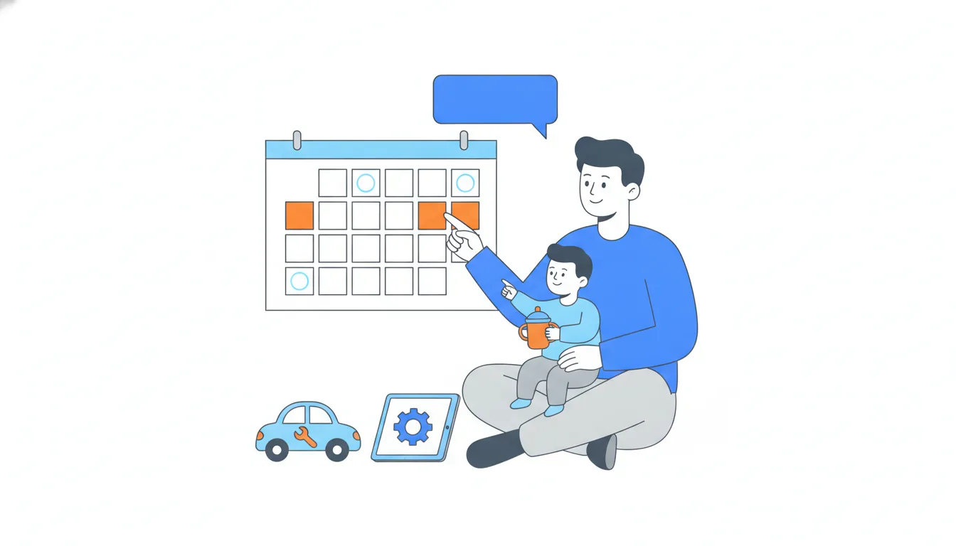 A father with a toddler on his lap points at a wall calendar where two evening blocks and one weekend morning are coloured orange.