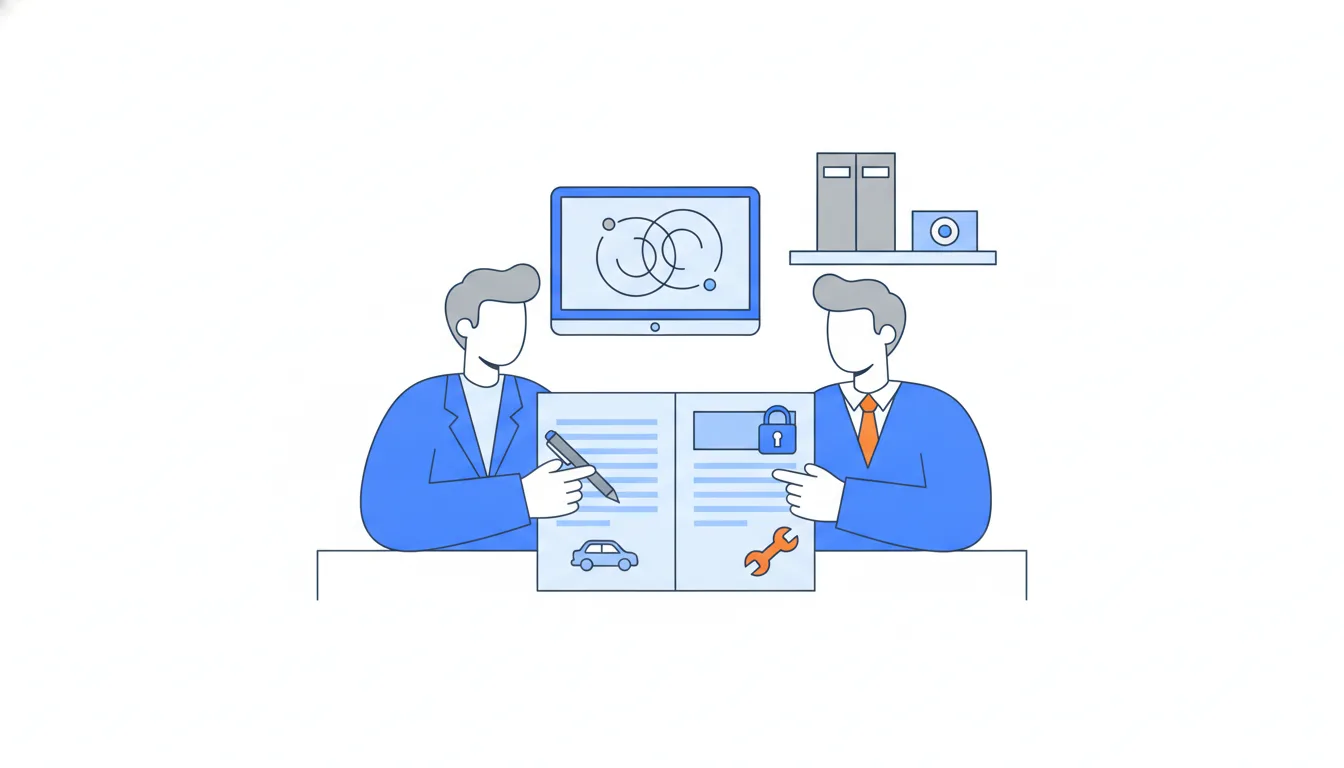 A founder is about to sign a short document while a lawyer places a hand on the page, pointing to one clause marked with a small padlock.