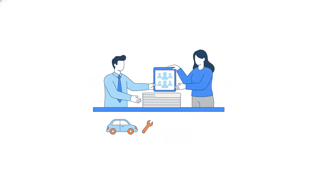 An analyst reaches for a stack of customer cards; the founder keeps her palm on the stack and hands him a summary card with blurred silhouettes.