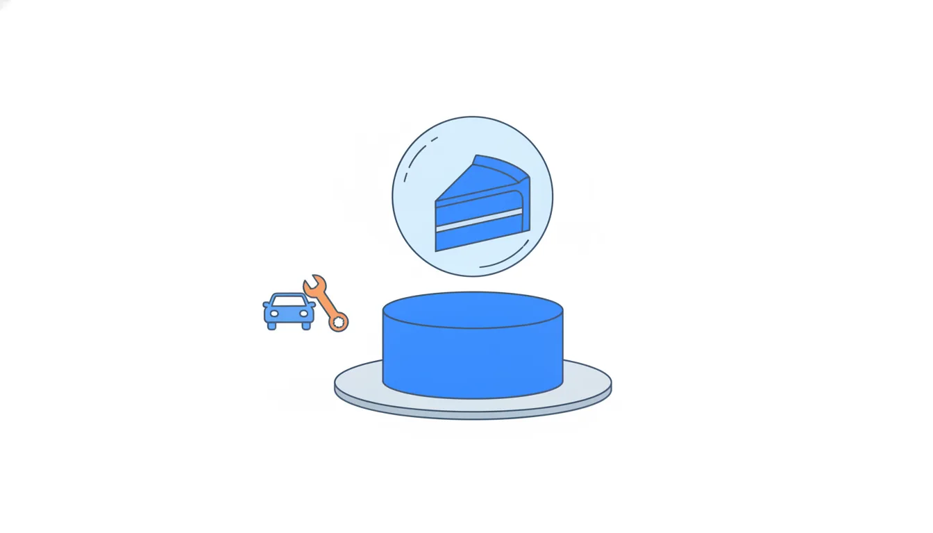 A solid cake sits on a plate while one extra slice floats above it inside a soap bubble.