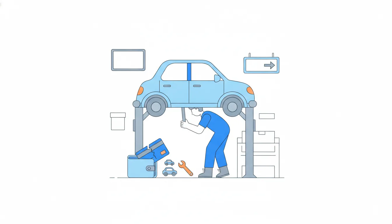 A cracked bank card slips out of a wallet onto a garage floor while the owner, busy under a car, doesn't notice.