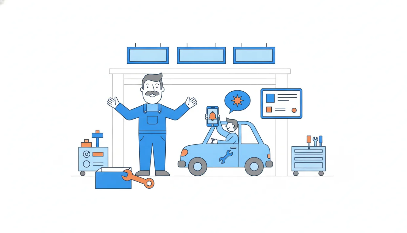A repair-shop owner looks up delighted as a familiar regular drives back into his garage holding up a phone with a bell icon.
