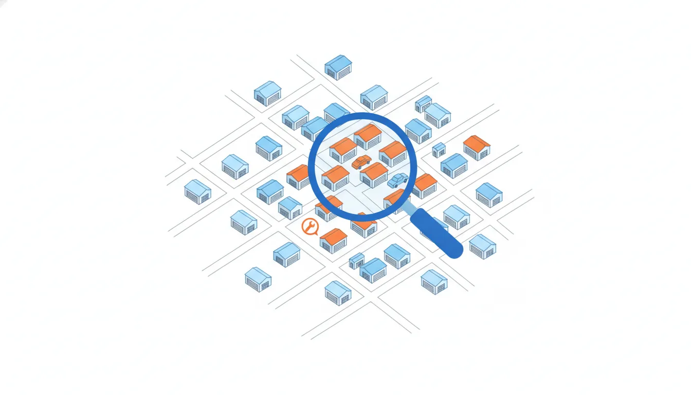 A city map from above dotted with many tiny repair garages, some light blue and a cluster in orange, with a magnifying glass over it.