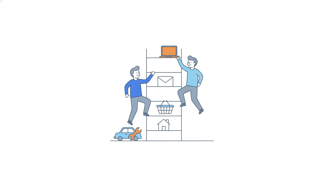 Two founders climb a ladder whose rungs each hold a different bill, such as a house, a shopping basket and a pay envelope; the top rung is orange.