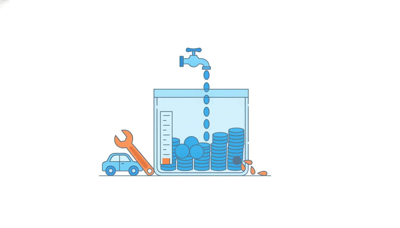 A tank fills from a tap of blue coins at the top and leaks through a small hole near the bottom, with a level gauge on its side; the leak is orange.