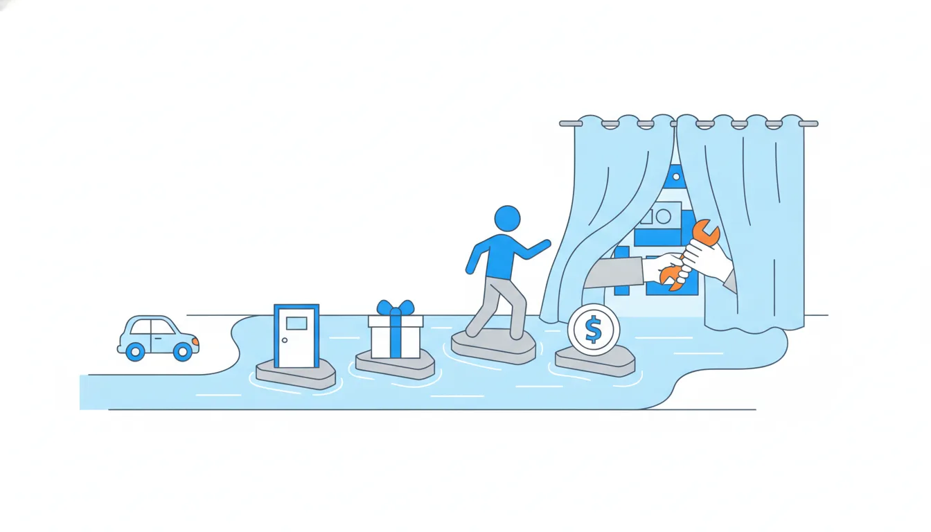 A person crosses a stream on three stepping stones marked by a door, a gift box and a coin, while a founder behind a curtain works by hand.