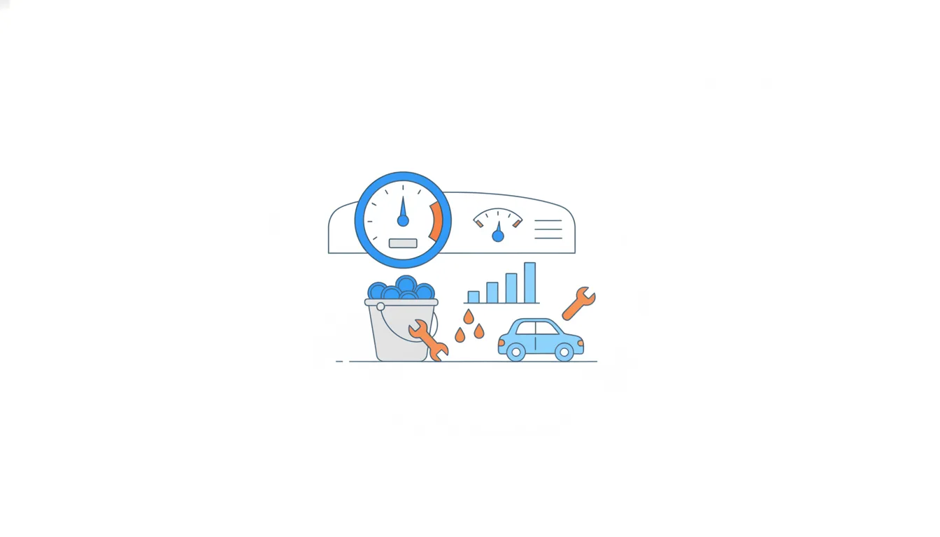 A car dashboard with a round dial and a fuel gauge above a bucket of coins that leaks orange drops.
