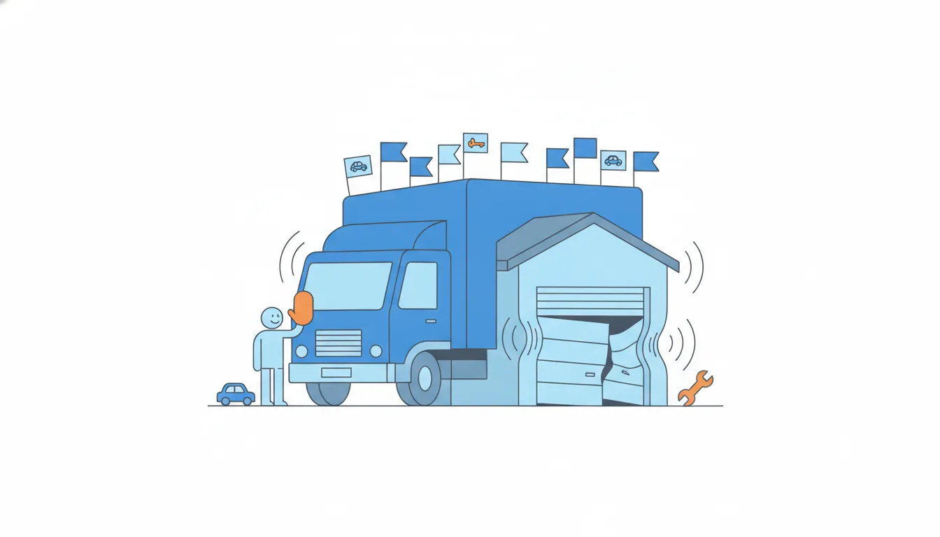 A giant truck with many little garage flags tries to squeeze into the founders' small garage, whose walls bulge; a founder raises an orange stop hand.