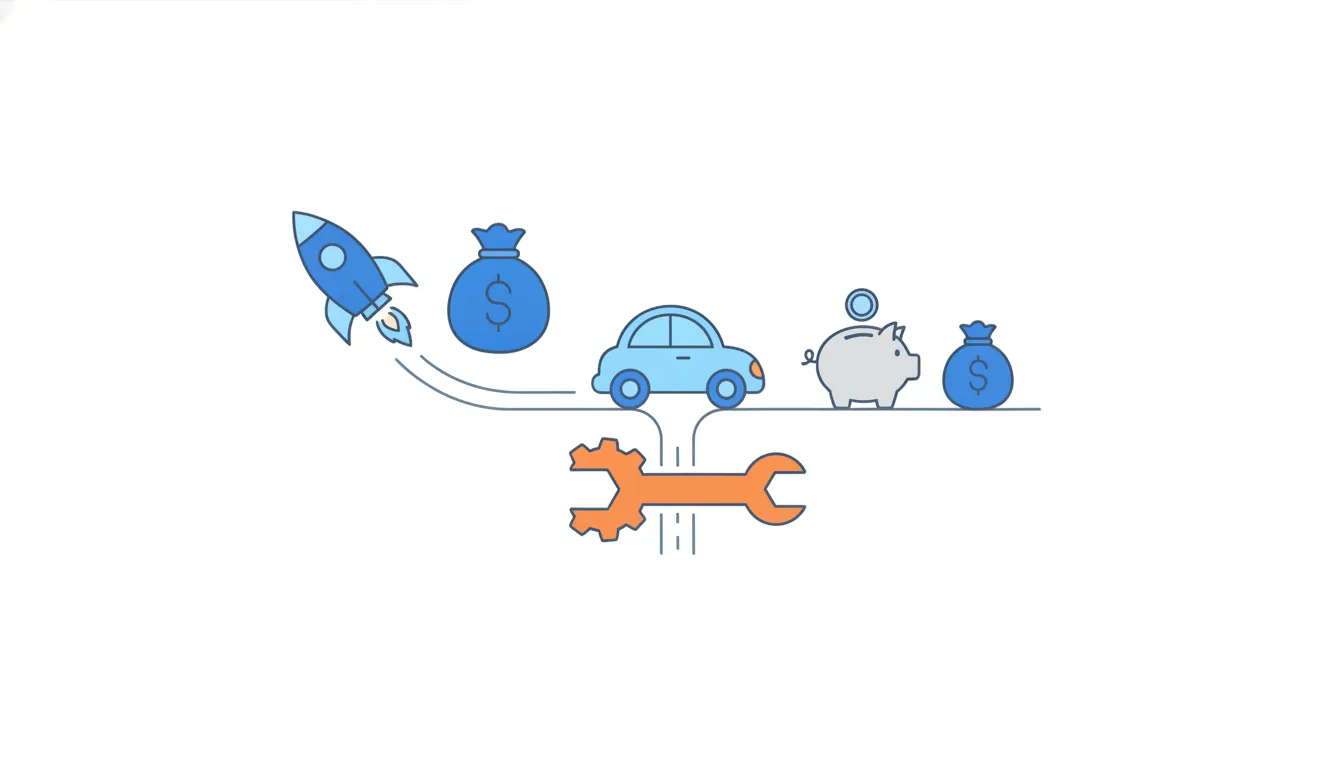 A light-blue car at a fork: one road climbs steeply to a rocket and a money bag, the other runs level past a piggy bank.