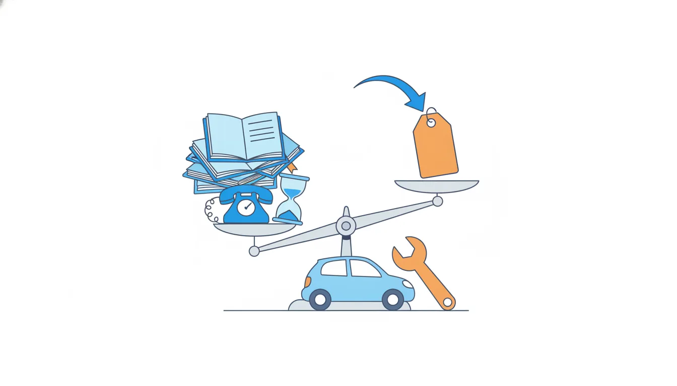 A balance scale with messy notebooks, a ringing phone and an hourglass on one side and a blank orange price tag on the other.