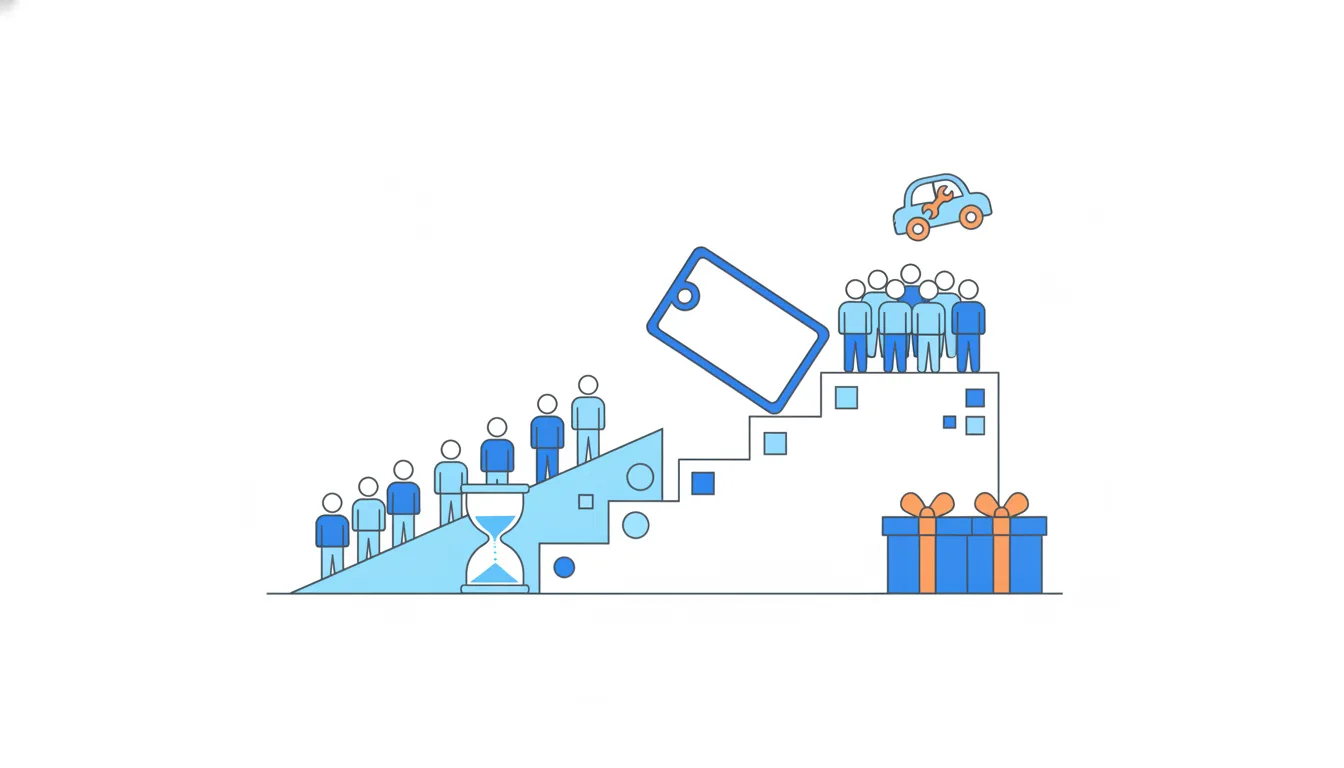 A price tag steps up a stair where new customers stand, existing ones follow up a gentle ramp beside an hourglass, and two gift boxes are pushed aside.